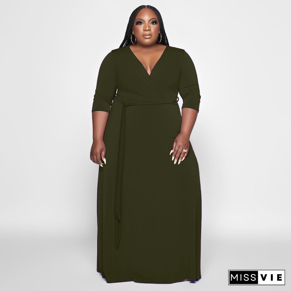 V Neck Sashes Loose Casual Plus Size Dresses