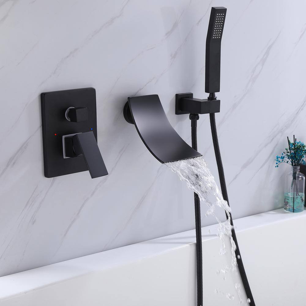 Tomfaucet Single-Handle Wall Mount Roman Tub Faucet with Hand Shower in Matte Black TFB1088MB