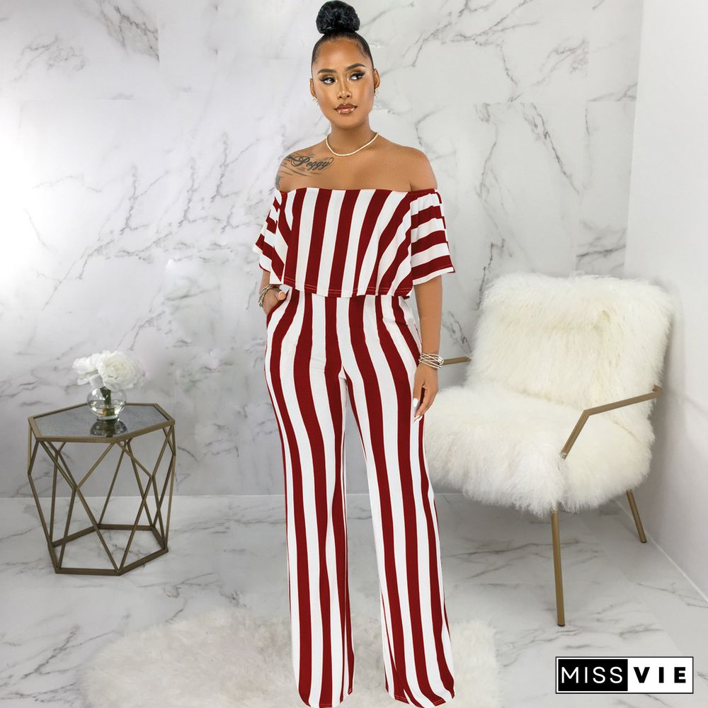 Striped Off Shoulder Wide Leg Jumpsuits