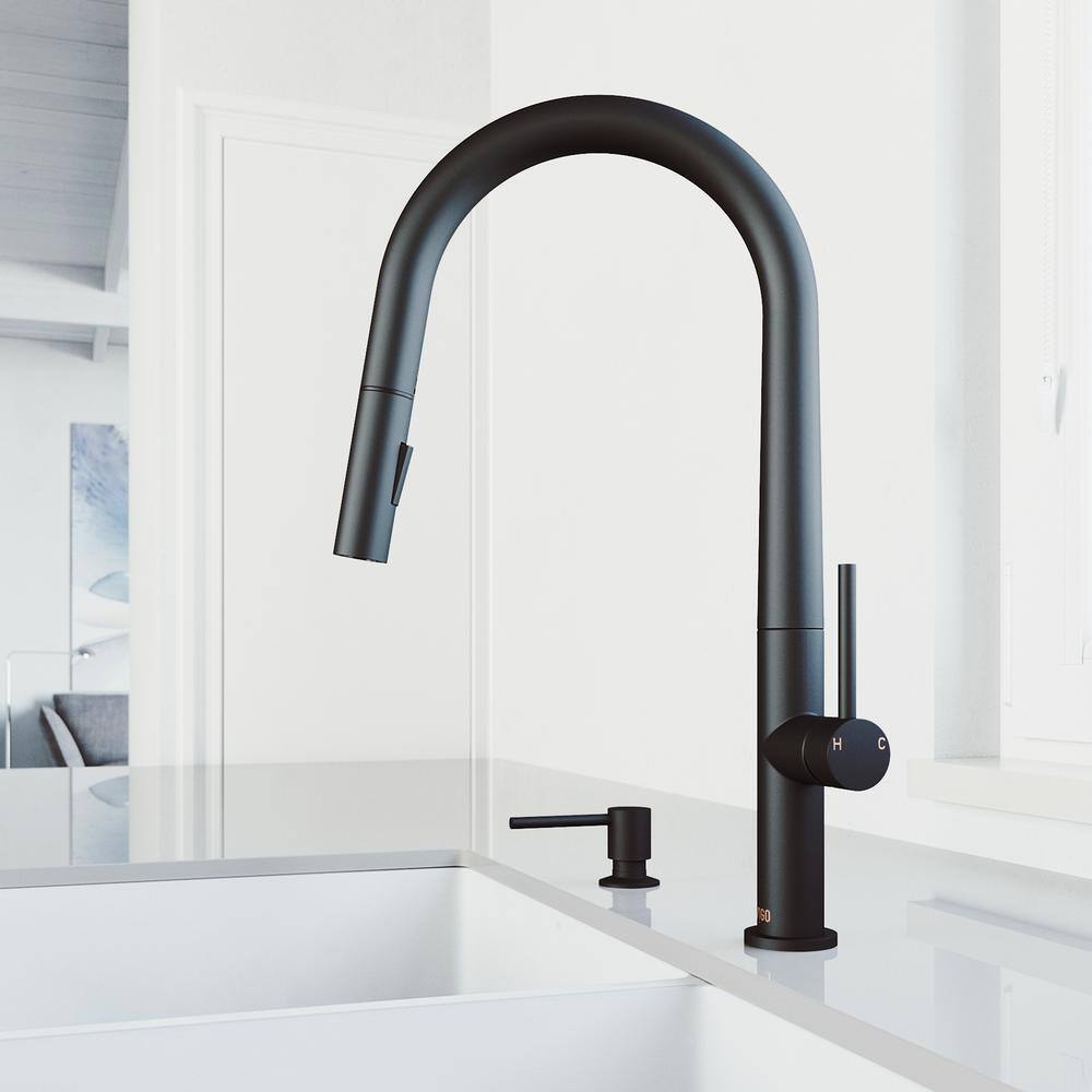 VIGO Greenwich Single Handle Pull-Down Sprayer Kitchen Faucet Set with Soap Dispenser in Matte Black VG02029MBK6