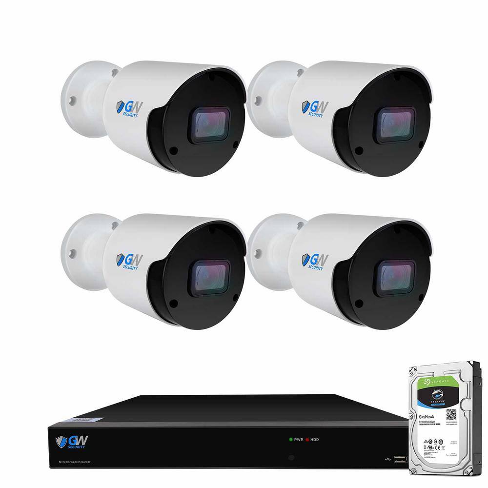 GW Security 8-Channel 8MP 4K NVR 1TB Security Camera System with 4 Wired IP POE Cameras Bullet Fixed Lens Artificial Intelligence GW8537IP4-1T