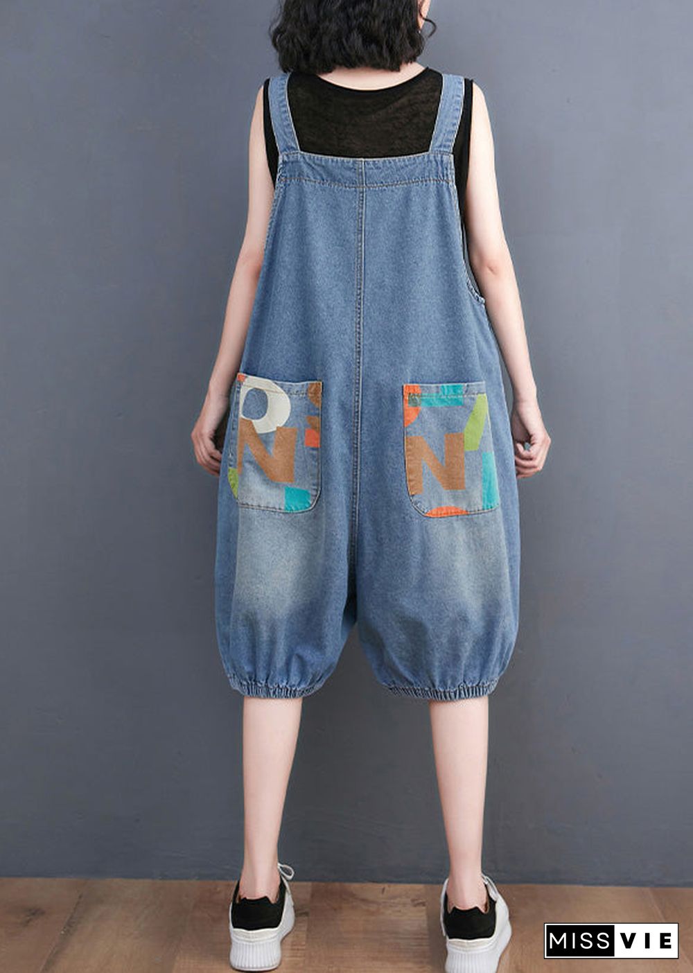 Bohemian Light Blue Slash Neck Print Button Denim Jumpsuit Summer