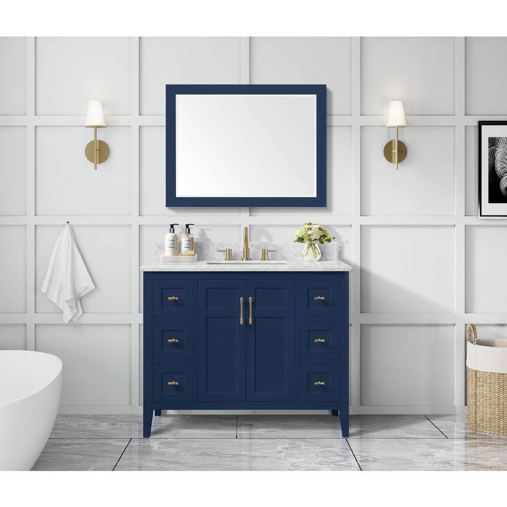 Home Decorators Collection Sturgess 43 in. W x 22 in. D x 35 in. H Bathroom Vanity in Navy Blue with Carrara White Marble Top 19111-VS43-NB