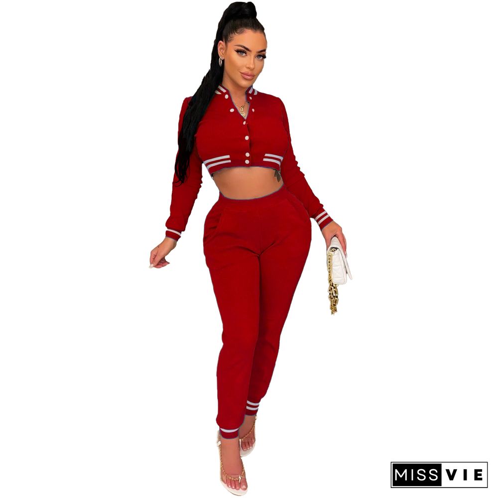 Fall Baseball Jacket Crop Tops Casual Sweat Pant Suits