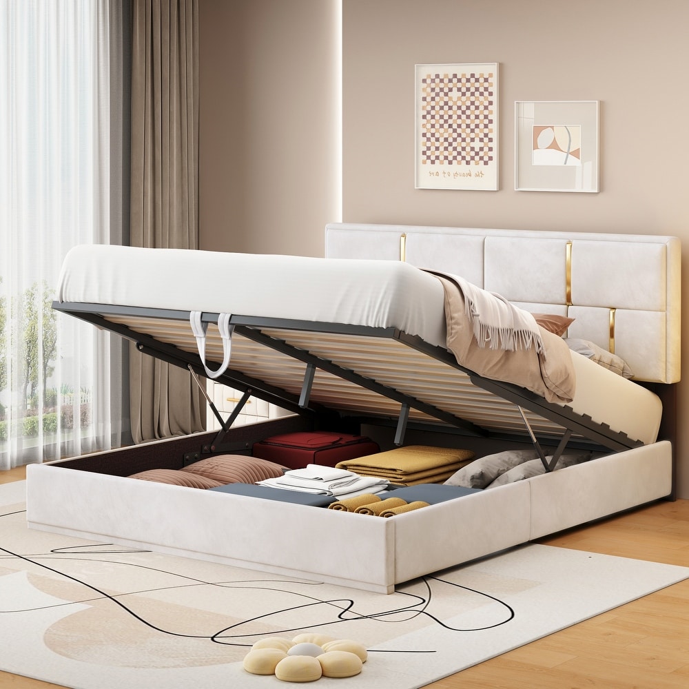 Beige Queen Size Upholstered Platform Bed with Hydraulic Storage System and Gold Trim Headboard  No Box Spring Needed