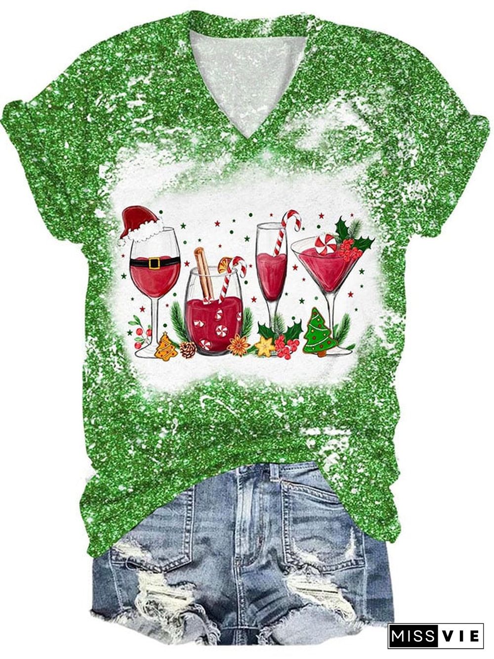 Women's Casual Christmas Wine Glass Print Short Sleeve T-Shirt