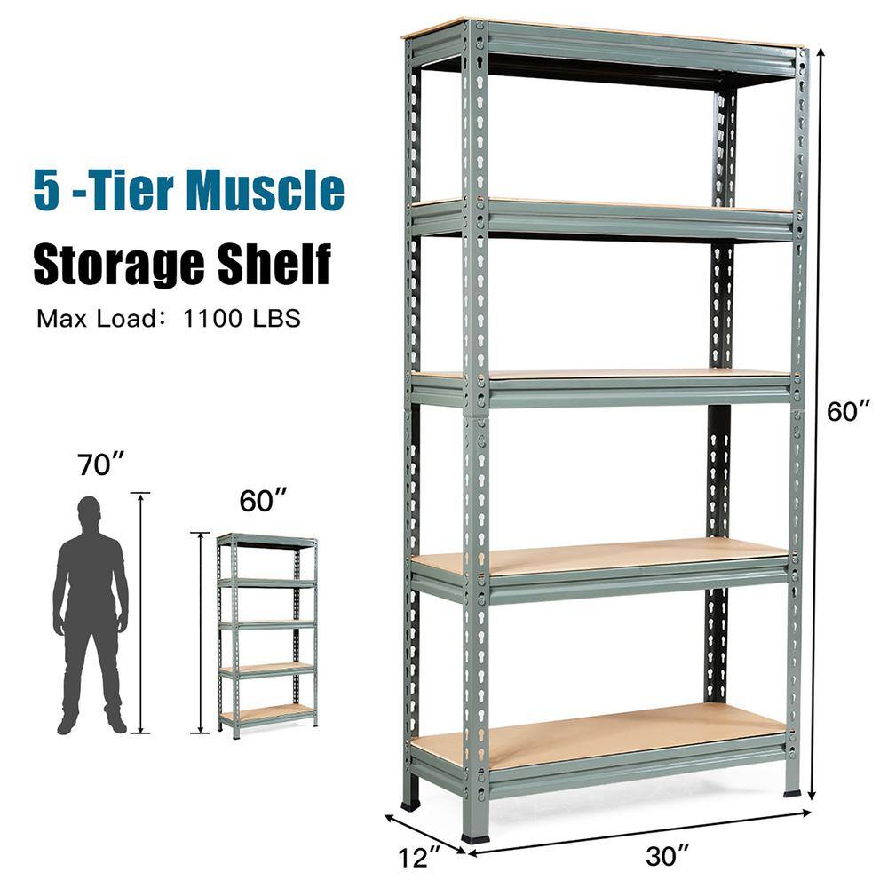 Costway Gray 5-Tier Metal Storage Shelves 60 in. Garage Rack with Adjustable Shelves TL35150GR