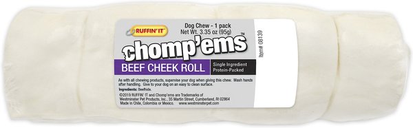 RUFFIN' IT Chomp'ems Beef Cheek Roll Chew DogTreat， 1 count