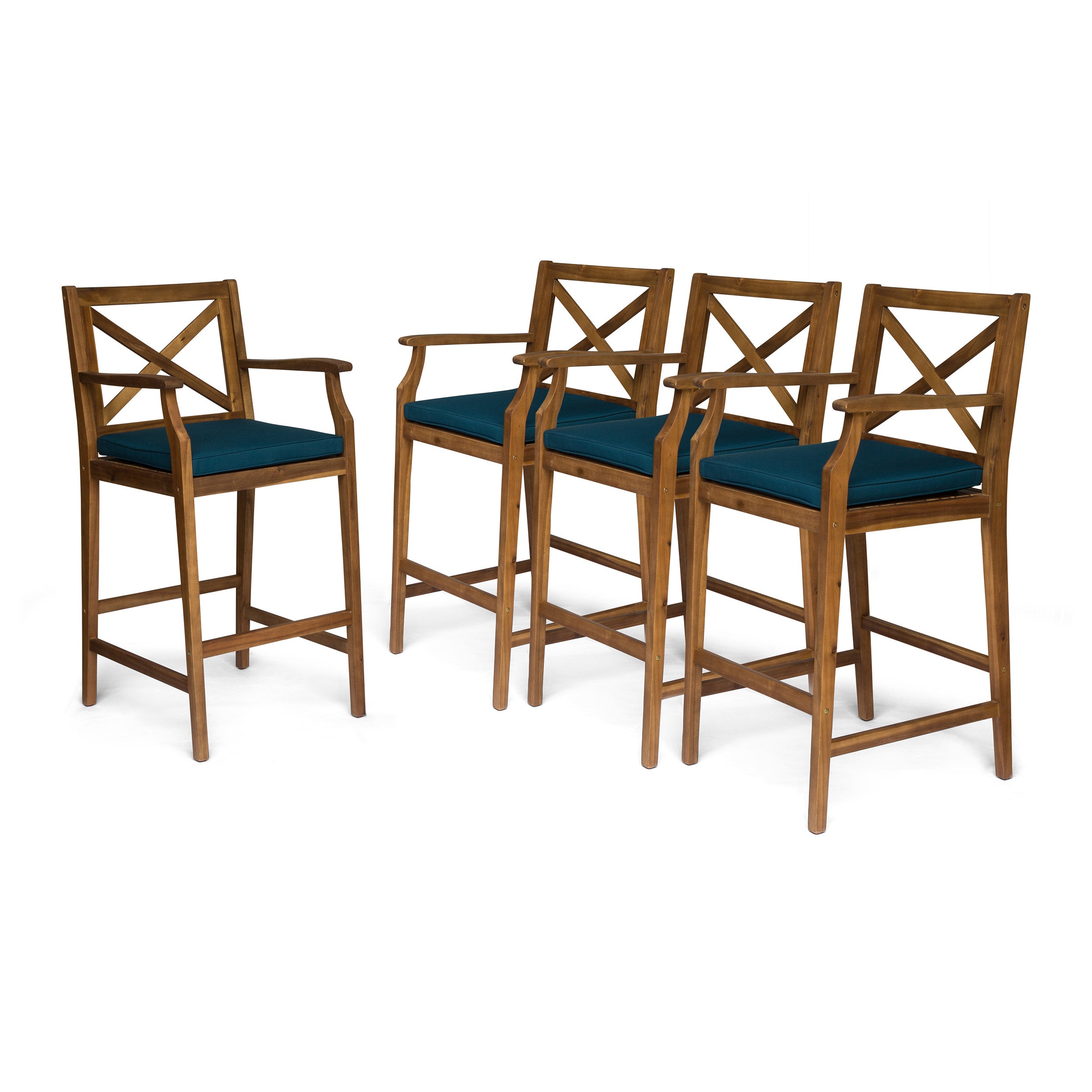 Doric Outdoor Rustic Acacia Wood Barstools with Cushions (Set of 4)