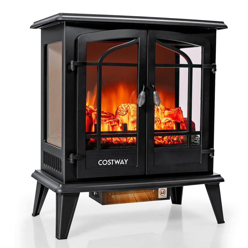 Costway 25 in. Freestanding Iron Electric Fireplace Heater Stove with Realistic Flame effect 1400-Watt in Black FP10059US-BK