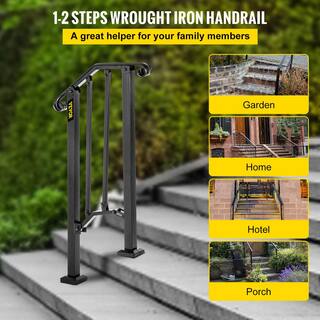 VEVOR 1 ft. Handrails for Outdoor Steps Fit 1 or 2 Steps Outdoor Stair Railing Wrought Iron Handrail with baluster Black LTFS1H2BHSTL00001V0