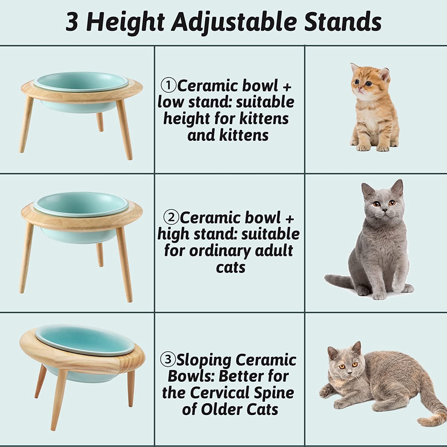 Hamiledyi Elevated Ceramic Cat Bowl Adjustable Raised Pet Dish Single Tilted Cat Food Bowls with Wood Stand Cat Water Bowl for Kitten Puppy