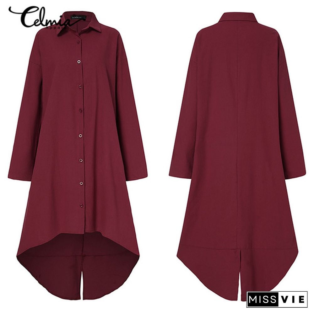 Celmia Women Cotton Long Sleeve Shirt Dress Fashion Irregular Split Hem Party Long Dress Vestidos Plus Size