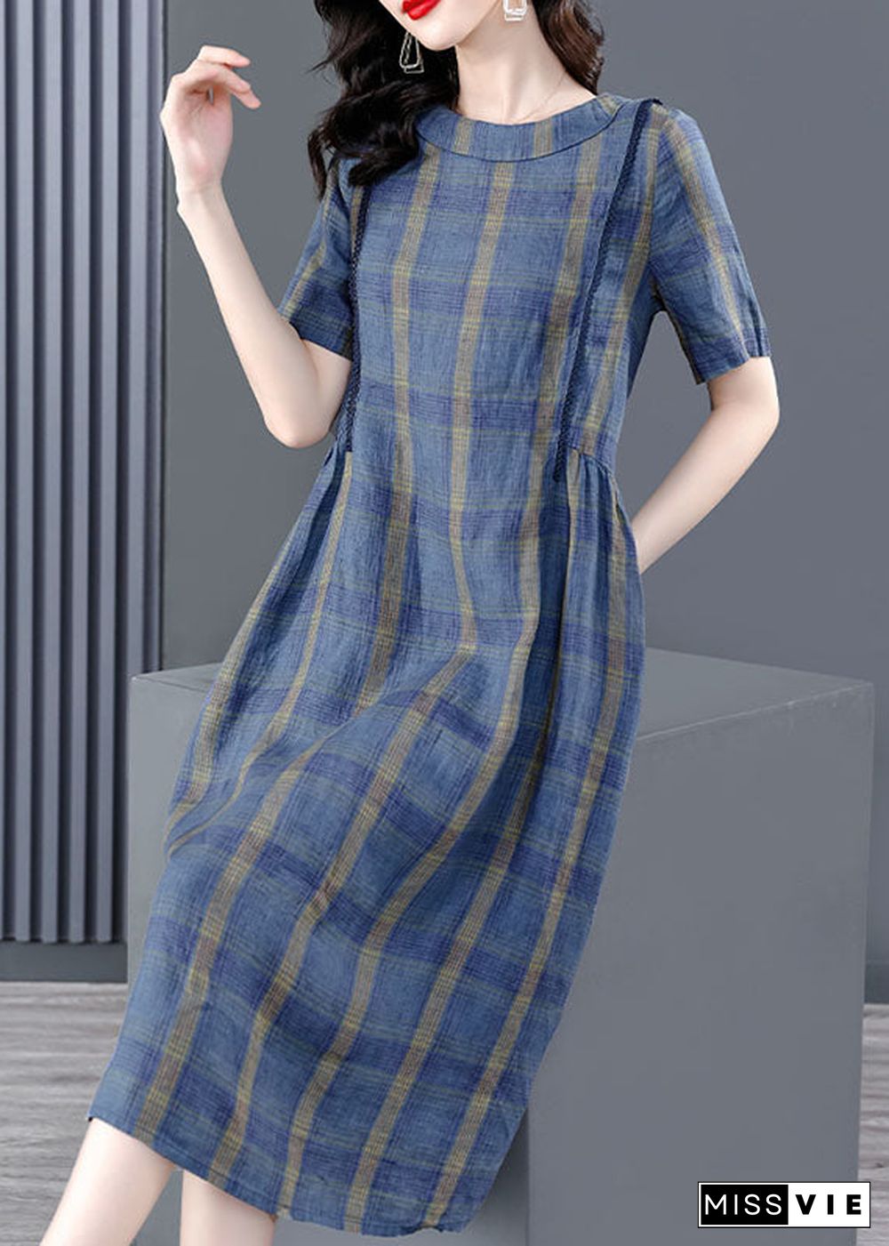 Elegant Blue O-Neck Plaid Wrinkled Pockets Cotton Cinch Dress Short Sleeve