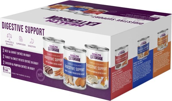 Health Extension Digestive Support Variety Pack -Chicken， Beef and Turkey Dog Food， 9-oz can， case of 6