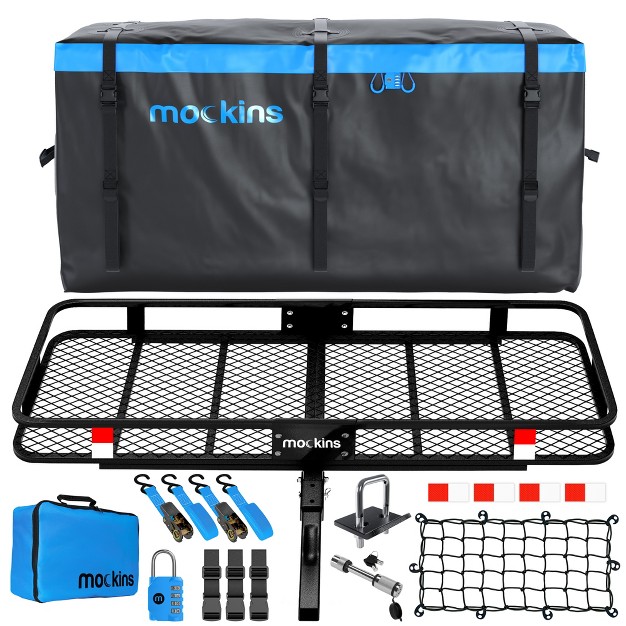 Mockins Xl Hitch Mount Cargo Carrier Rack 60x24x6 quot 25 Cubic ft Bag 500 Pound Capacity Black blue