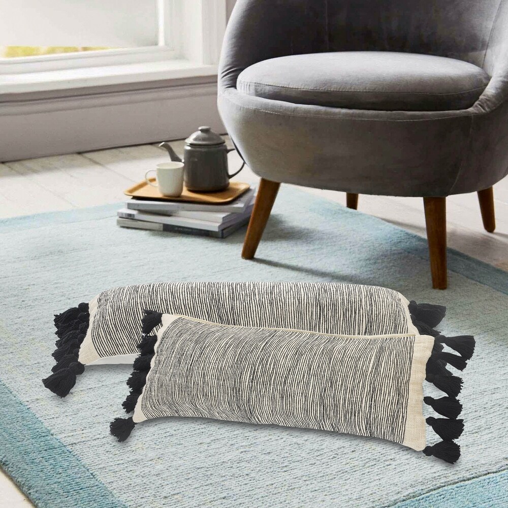 LR Home Distressed Gray and Black Fringe Pillow