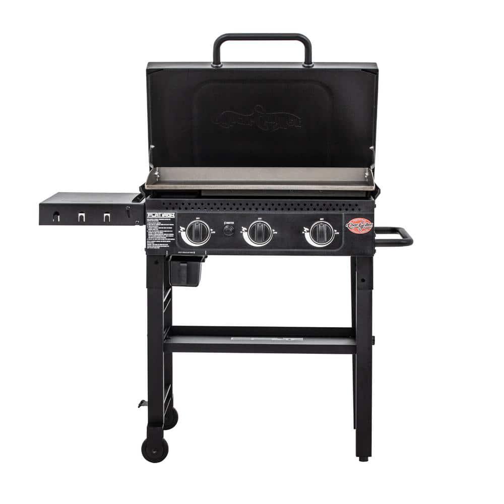 CharGriller Flat Iron 3Burner Outdoor Griddle Gas Grill with Lid in Black