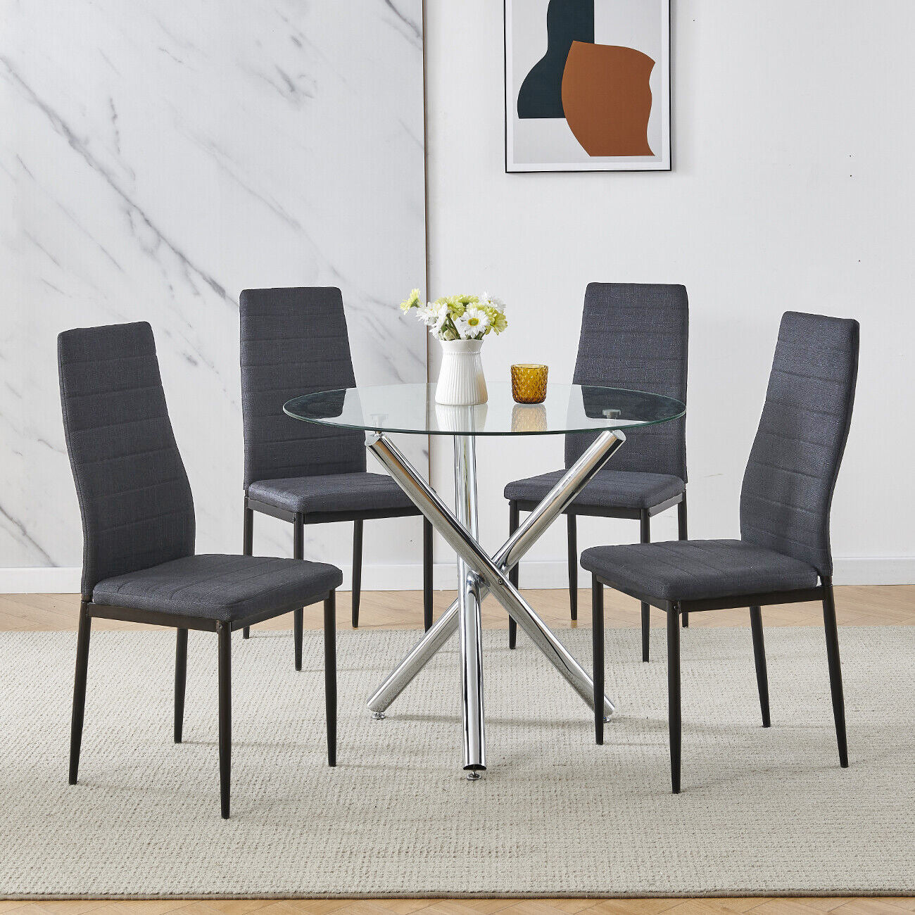 Dining Chair Set of 2， ROZHOME Modern Kitchen Chairs Linen Side Chairs with Metal Legs and Frame(Black)