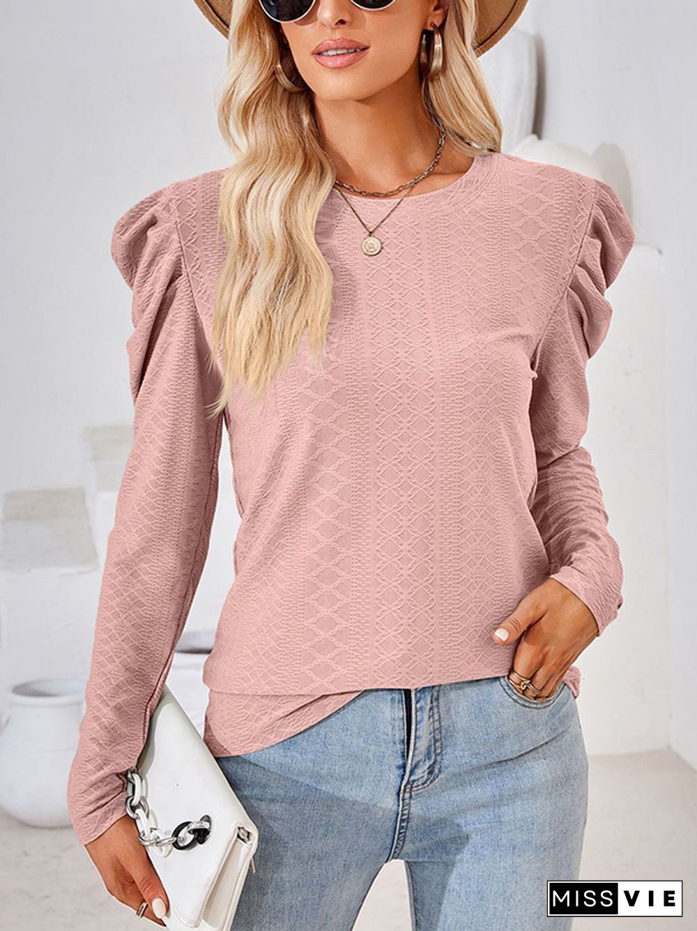 Long Sleeves Loose Pleated Solid Color Round-Neck T-Shirts Tops