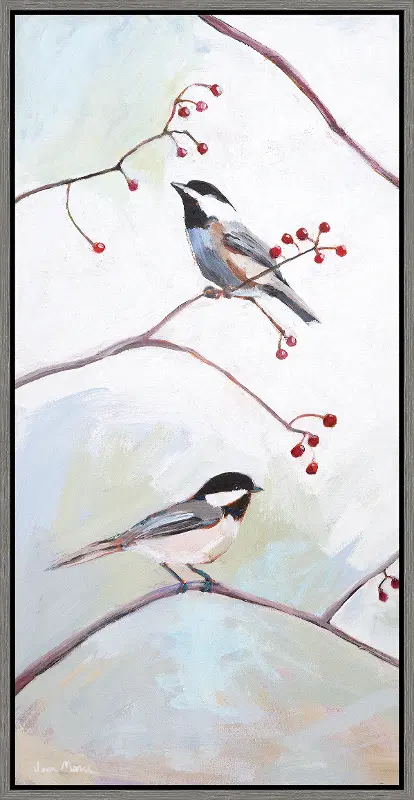 Multi Color Two Birds on Branches Framed Canvas Wall Art