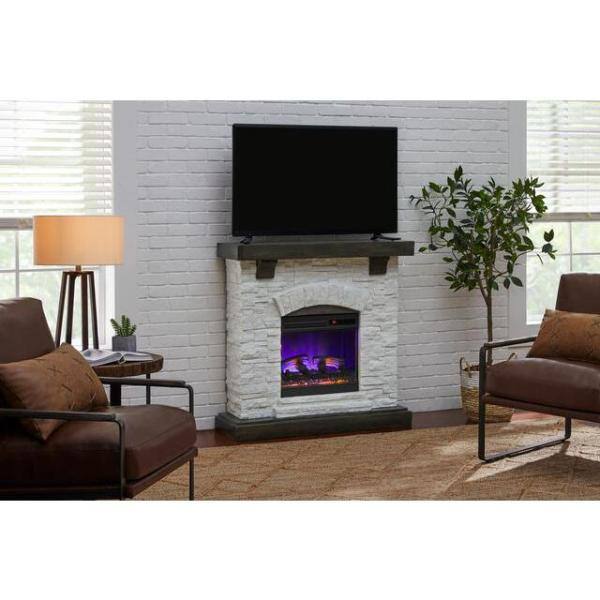 StyleWell Pembroke 40 in. W Freestanding Faux Stone Infrared Wall Mantel Electric Fireplace in White 150878