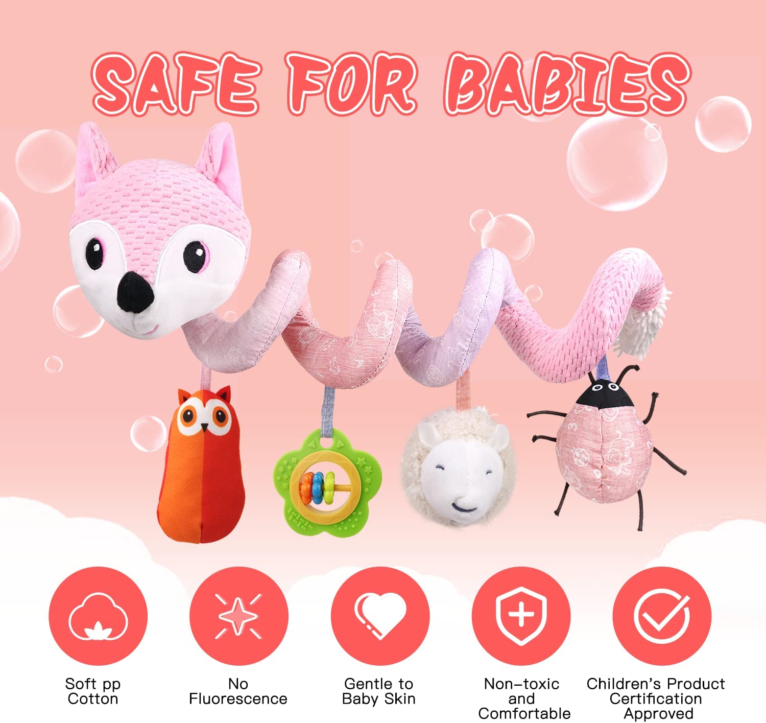 Baby Car Seat Toys Stroller Toys Crib Toys Infant Activity Spiral Plush Toys Hanging Stroller Toys for Baby Car Seat Stroller Bar Crib Bassinet Mobile with Music Squeaker Rattles ( fox)