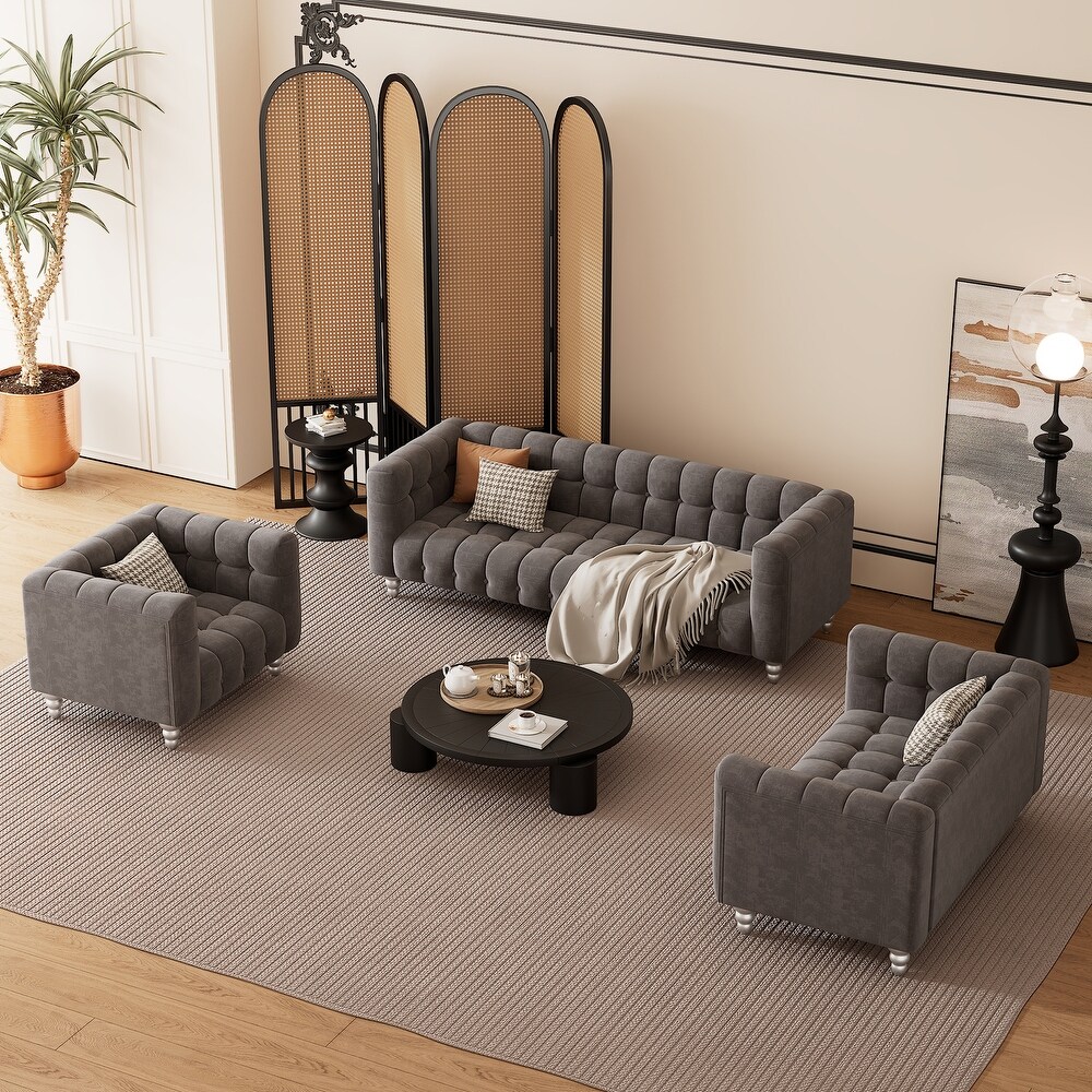 Grey Polyester Upholstered Sofa Set  Solid Wood Legs  3 Seater + Loveseat + Single Sofa