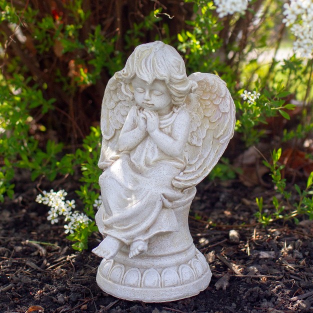 Ivory Praying Angel On Pedestal Outdoor Garden Statue