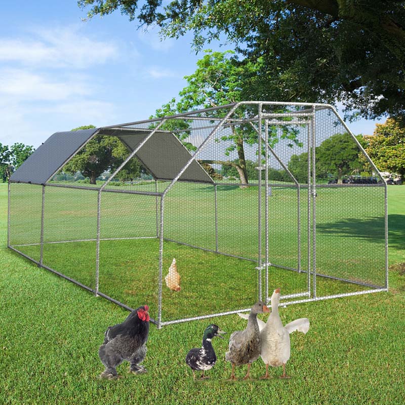 9.5' x 19' x 6.5' Galvanized Metal Large Walk-in Chicken Coop Cage Runs Hen House with Cover & Lockable Door