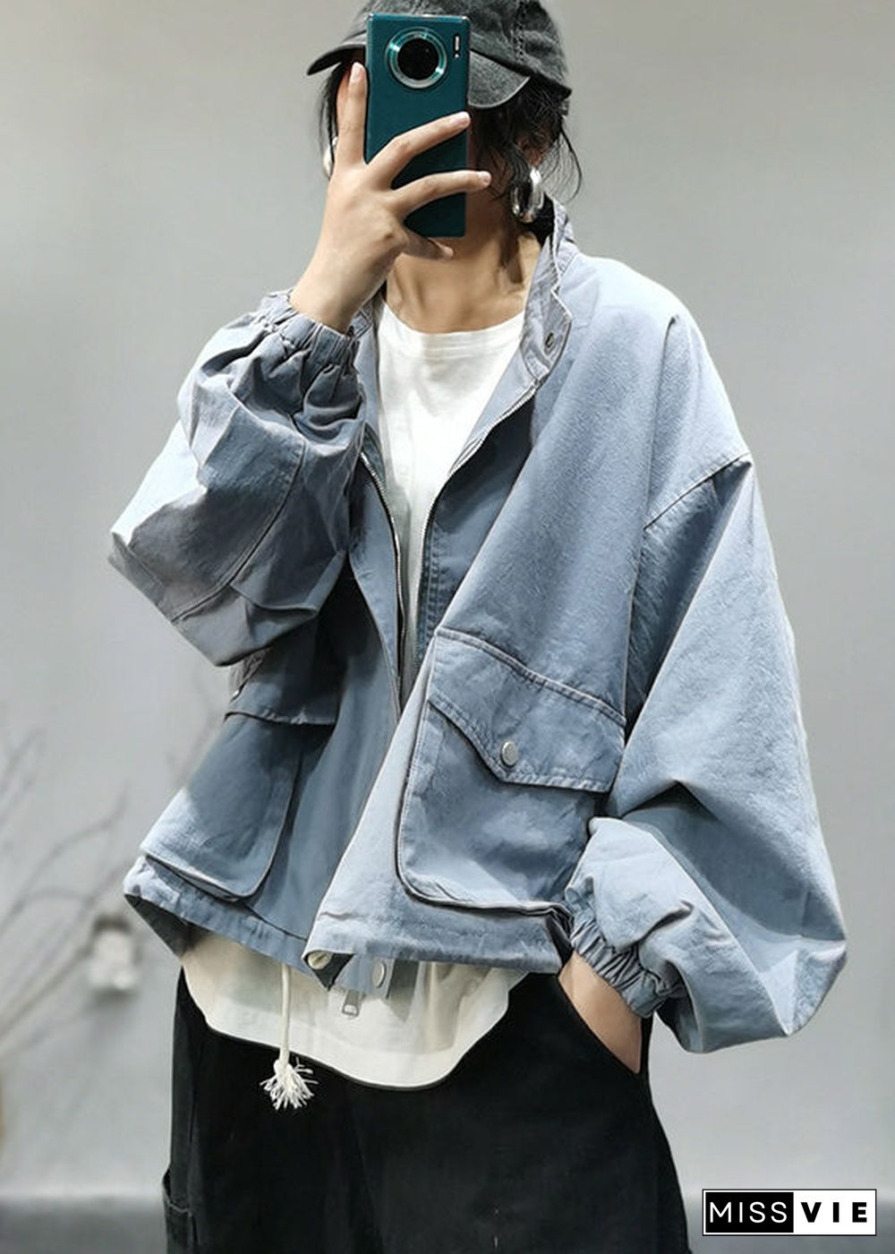 Loose Light Blue Stand Collar zippered drawstring Pockets Cotton Coats Long Sleeve