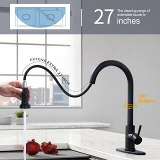 WOWOW Single Handle Deck Mount Gooseneck Pull Down Sprayer Kitchen Faucet Stainless Steel in Matte Black VG2312601B-BHHD