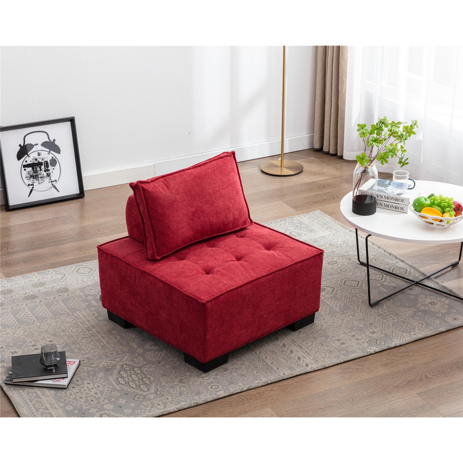 Living Room Ottoman Lazy Chair Small Accent Chair with Solid Wood Legs