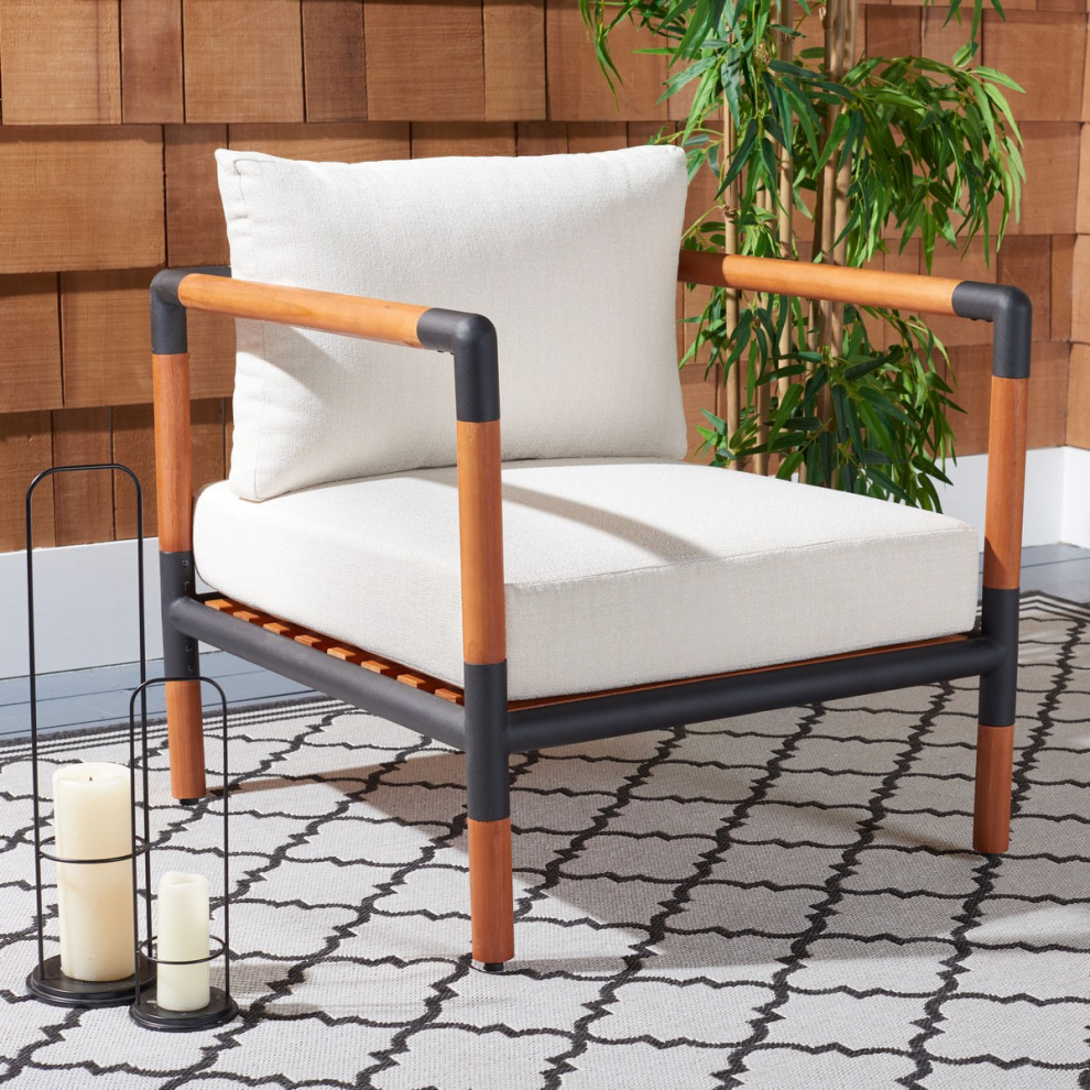 Safavieh Tommy Metal and Wood Patio Chair Black/White   Midcentury   Outdoor Lounge Chairs   by Safavieh  Houzz