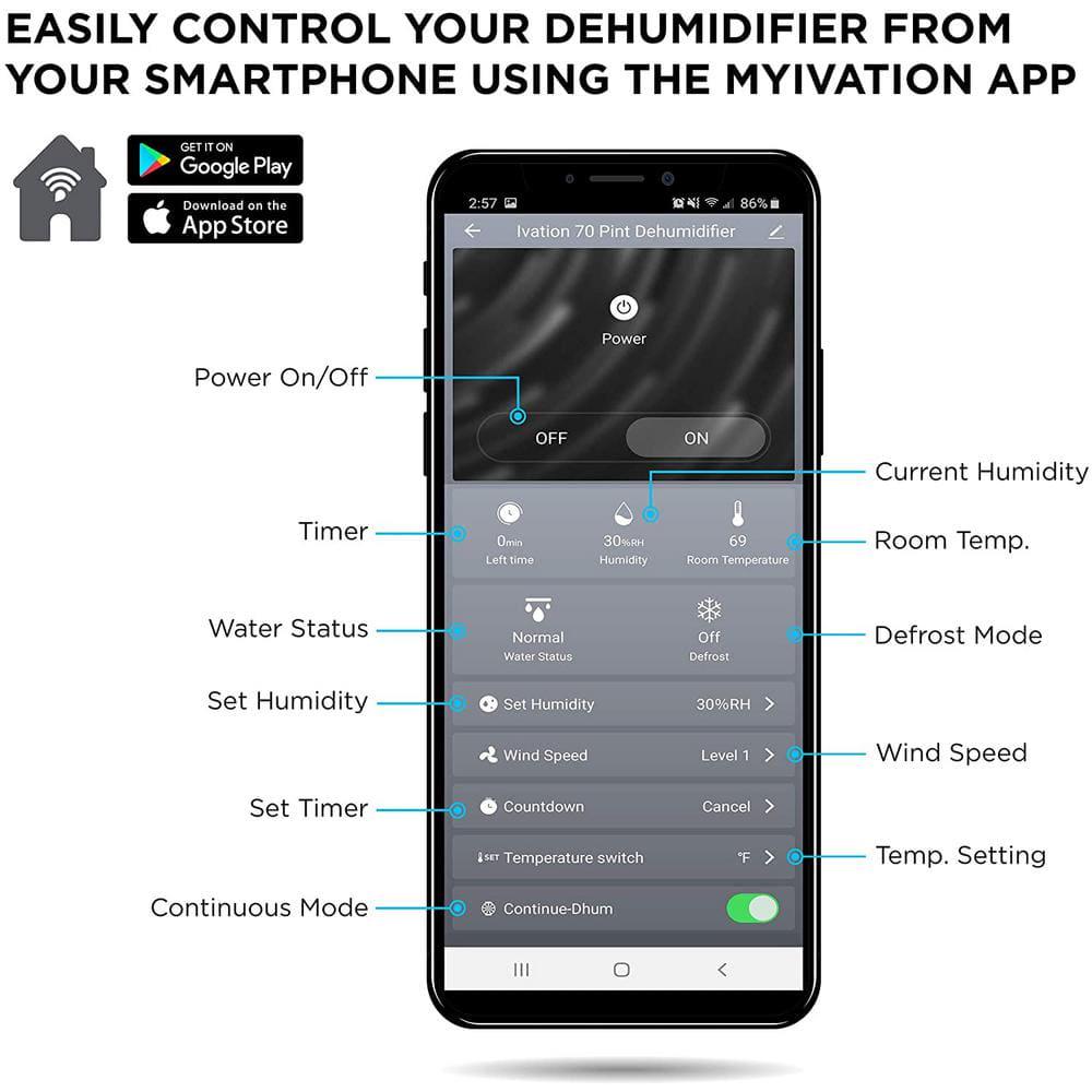 Ivation 50 Pint Smart WiFi Energy Star Dehumidifier with Hose Connector and App