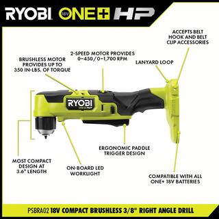 RYOBI ONE+ HP 18V Brushless Cordless Compact 12 in. DrillDriver Right Angle Drill Impact Wrench (2) Batteries Charger PSBDD01K-PSBRA02B-PSBIW01B