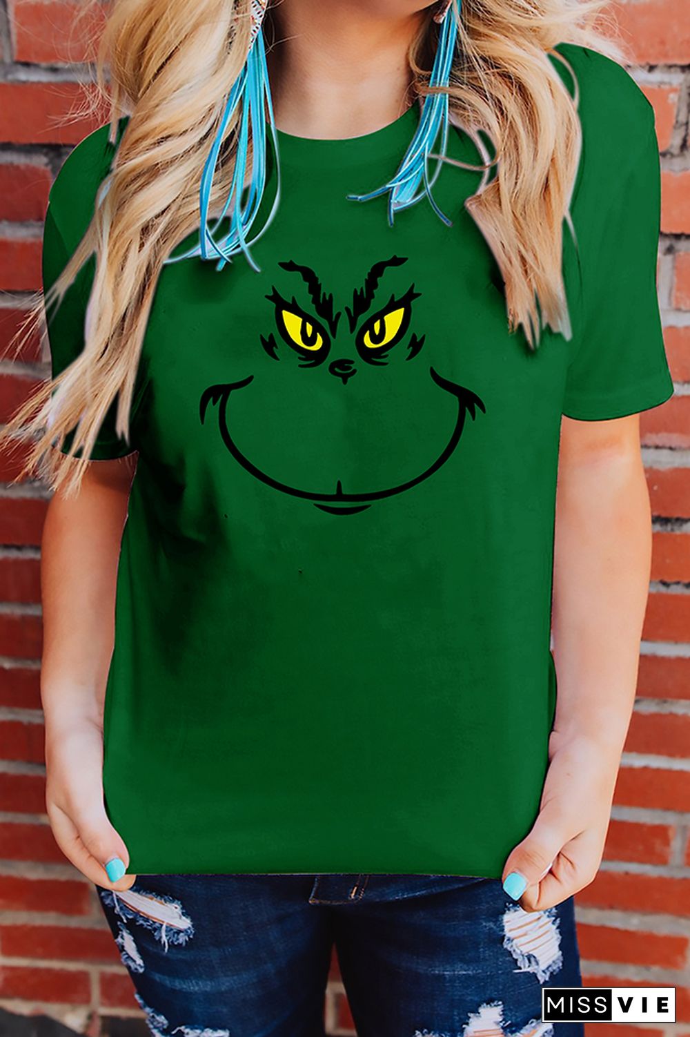 Christmas Grinch Face Pullover Shortsleeves Graphic Tee Wholesale