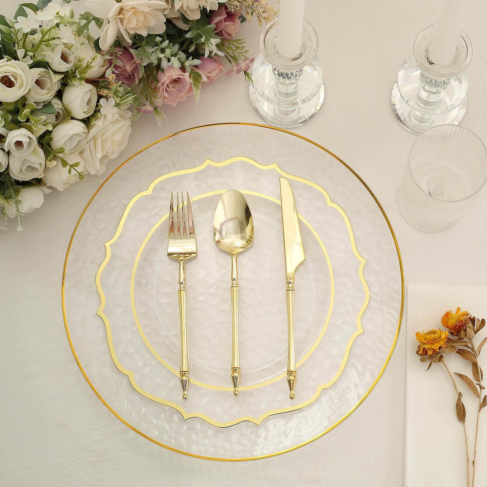 6 Pack Clear Hammered Economy Plastic Charger Plates With Gold Rim, Round Dinner Chargers Event Tabletop Decor - 13