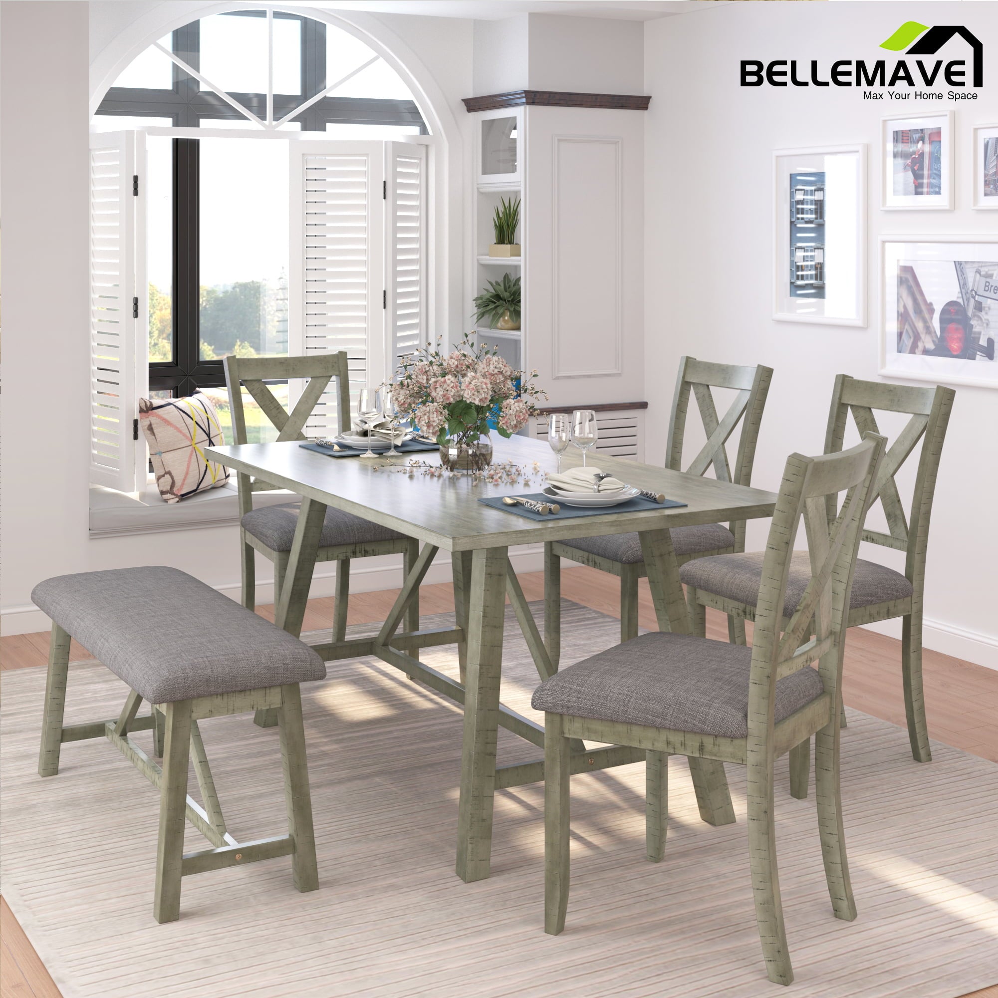 Bellemave Modern 6 Piece Dining Table Set, Wood Counter Height Dining Table with 4 Chairs and a Bench, Kitchen Table Set for 6 Persons, Green