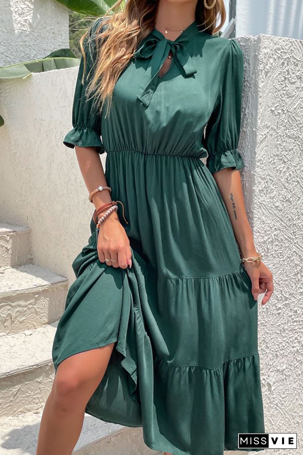 Dark Green Half Sleeve Midi Dress Wholesale