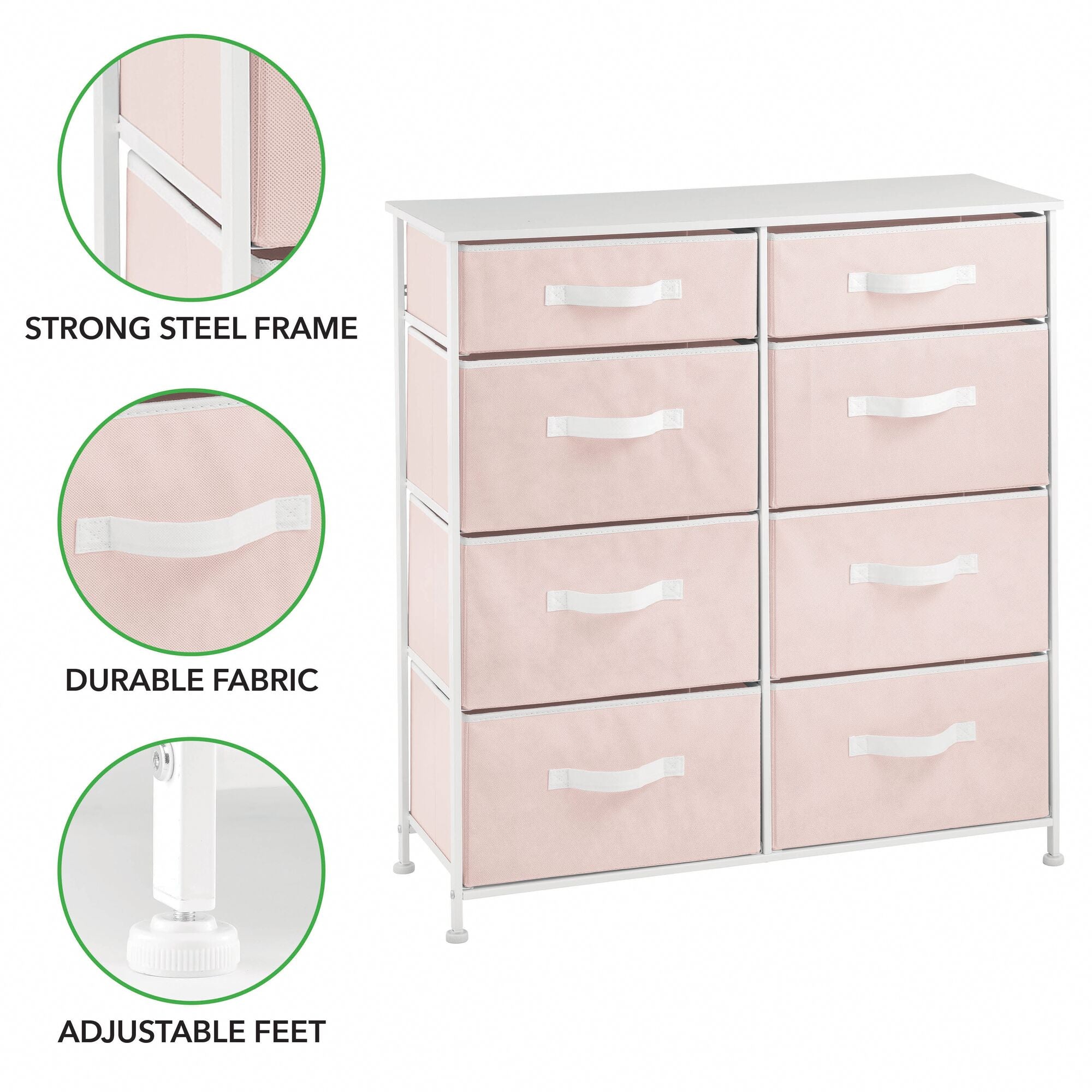 mDesign Tall Steel Frame/Wood Top Storage Dresser Furniture with 8 Slim Fabric Drawers, Large Bureau Organizer for Baby, Kid, Teen Bedroom, Nursery, Playroom, Dorm - Jane Collection, Pink/White