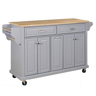 FAMYYT Cambridge Gray Wood Tabletop 60.5 in. Kitchen Island with Adjustable Shelves and Casters XJ-9149GA-L