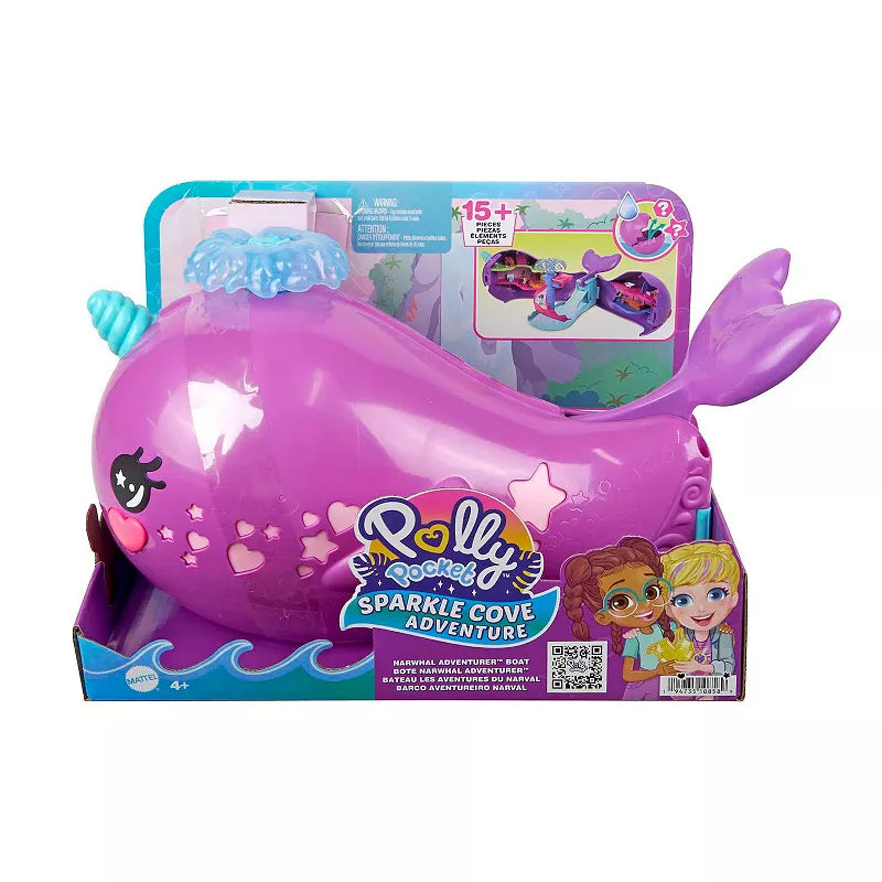 Polly Pocket Sparkle Cove Adventure Narwhal Adventurer Boat Playset With 2 Micro Dolls and 13 Accessories