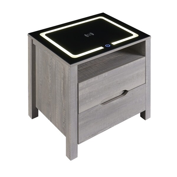 Nightstand with Wireless Charging Station and LED Lights， Modern End Side Table with 2 Drawers and Open Compartment for Bedroom - - 37244648