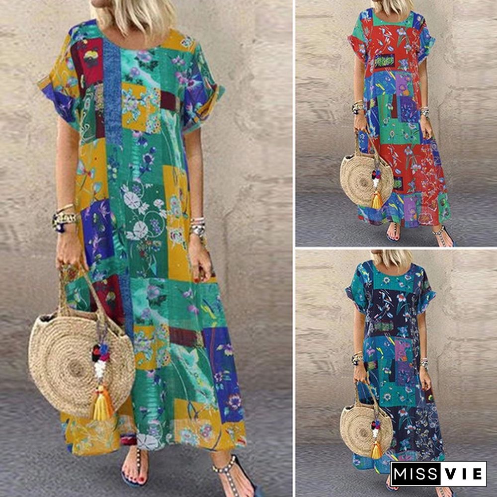 Zanzea Women Summer Short Sleeve Fashion Printed Dress Party Beach Kaftan Long Maxi Dress Plus