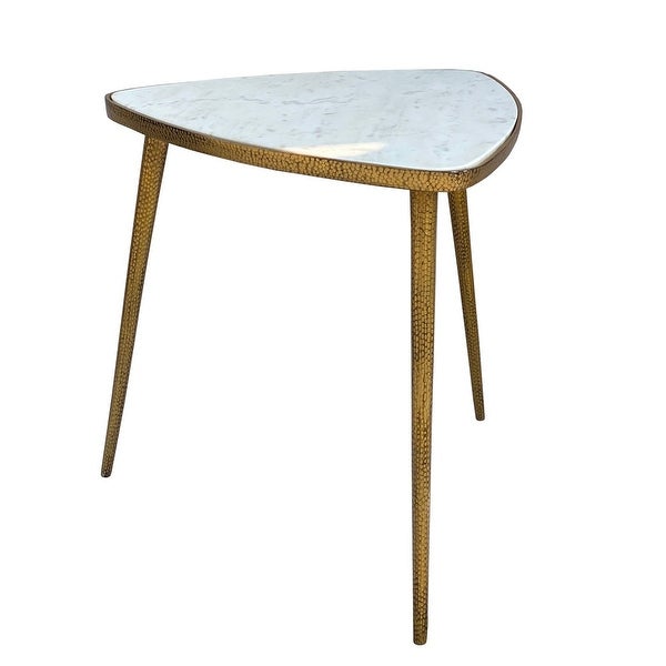 Plectrum Shape Marble Top Accent End Table with Metal Tripod Base， White and Gold - 20 L x 20 W x 21 H