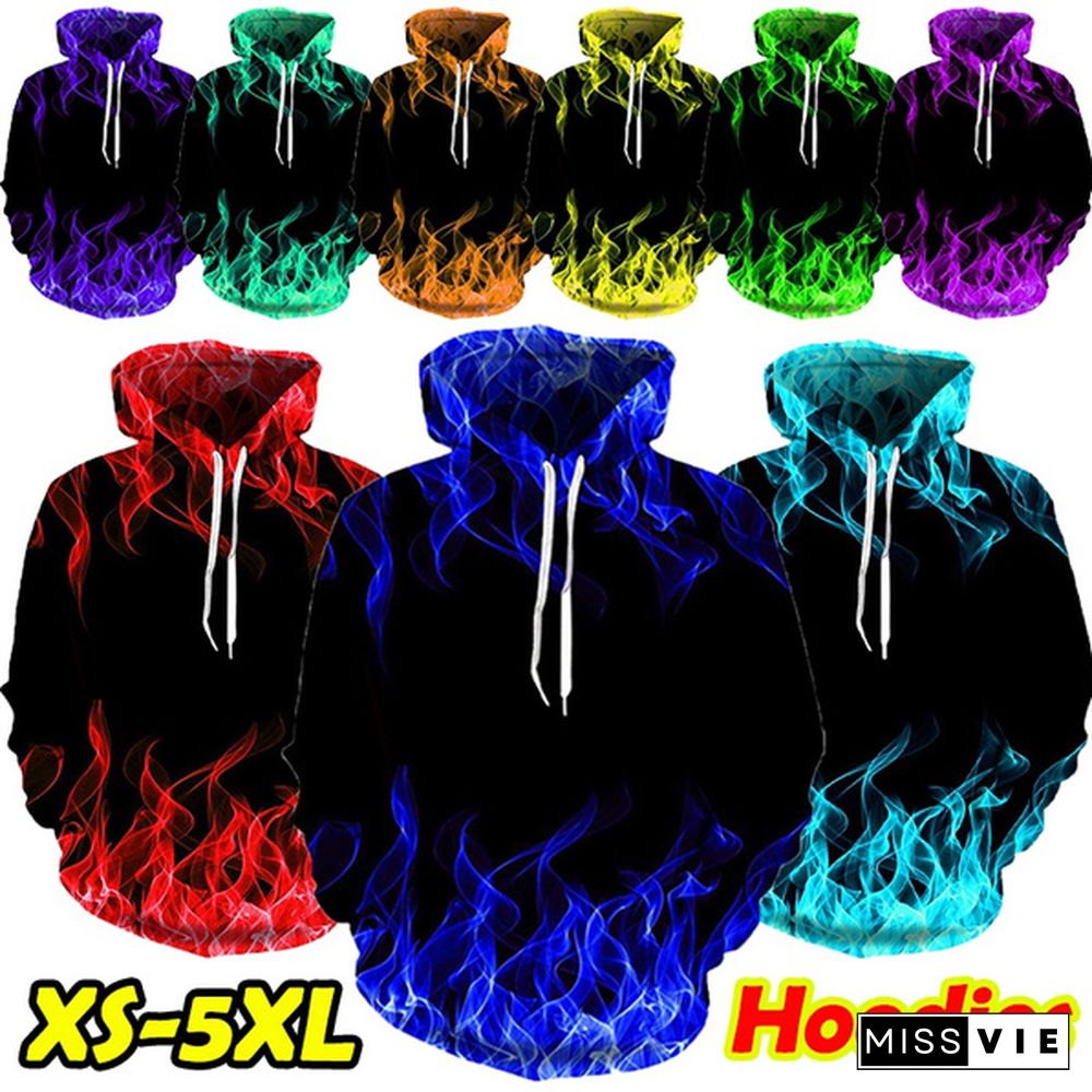 New Colorful Unisex Fashion Long Sleeve Hooded Sweatshirt 3D Printed Flame Jumper Hoodies Oversized Loose Drawstring Sweatshirt