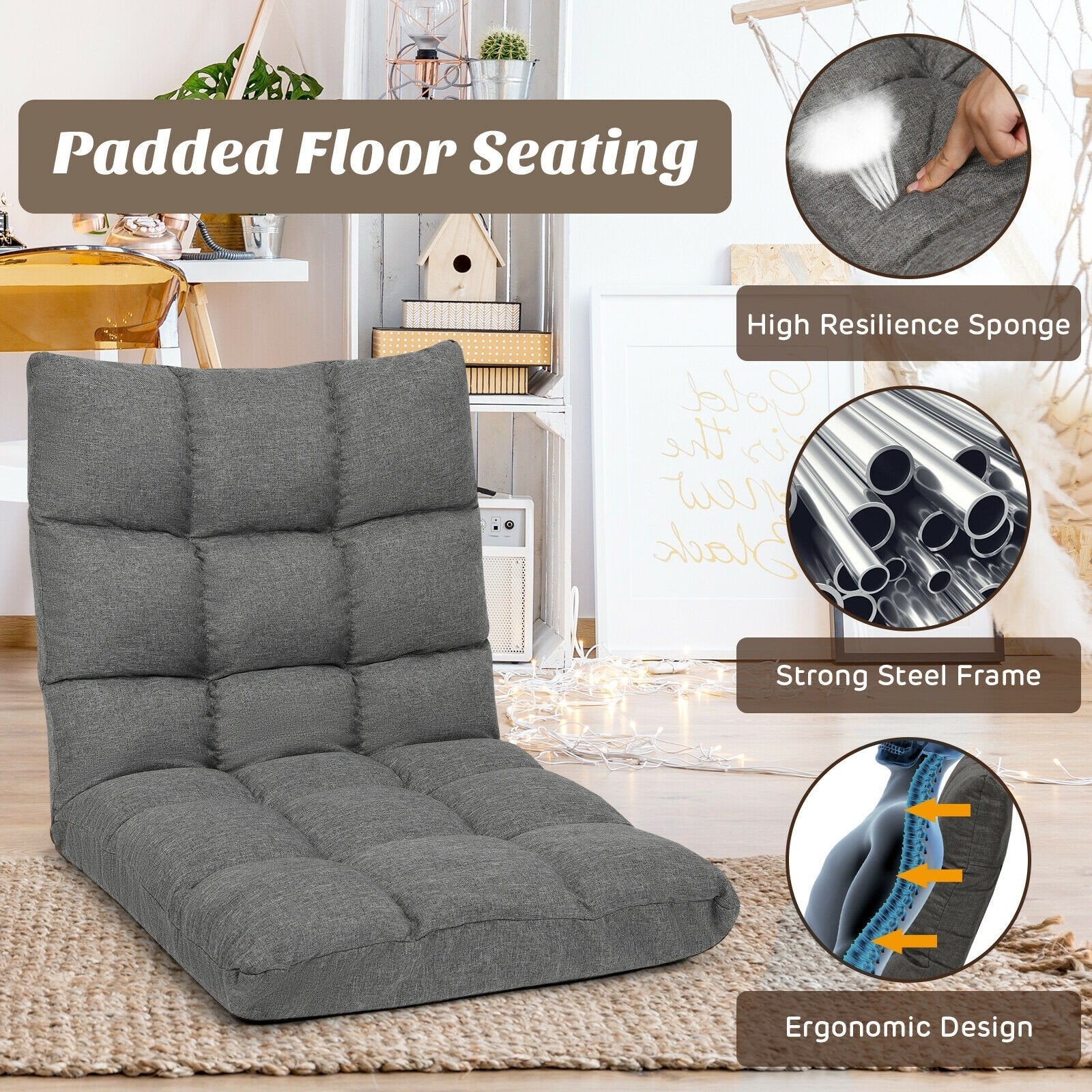 Adjustable Floor Gaming Sofa Chair 14-Position Cushioned Folding