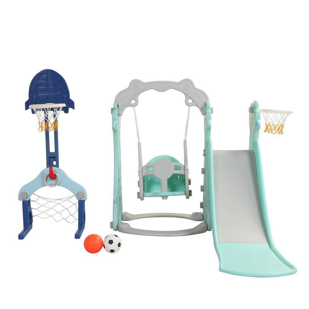 TIRAMISUBEST OutdoorIndoor HDPE 5-in-1 Playset with Slide Swing and Ball HoopGate DXY0102HPSXGW