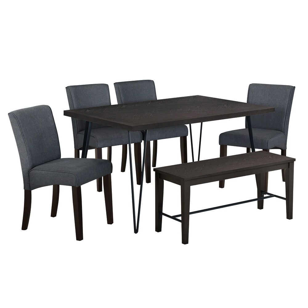 6 Piece Rectangular Dining Table Set w/Upholstered Chairs   Bench